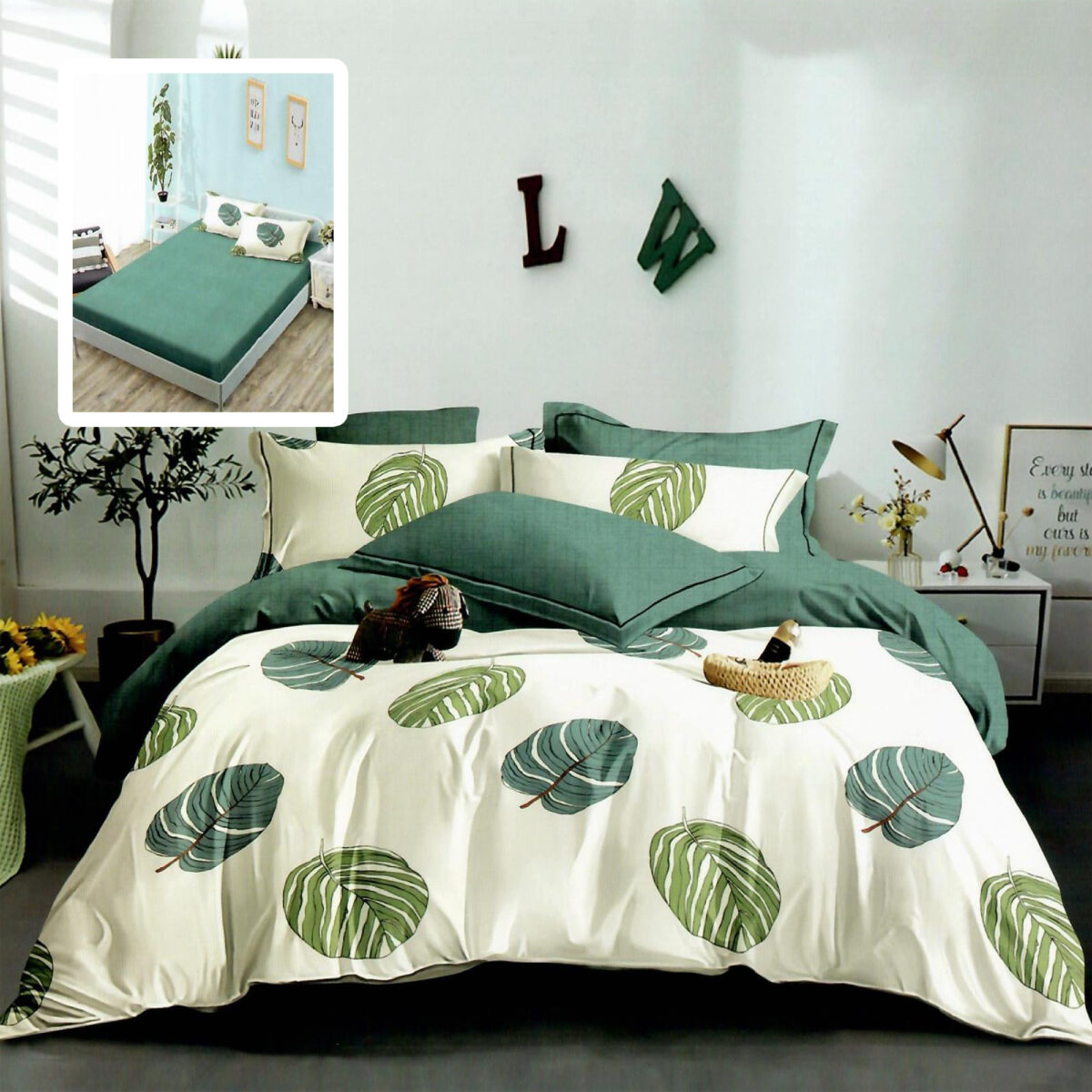 lenjerie pat verde cu elastic bumbac finet
