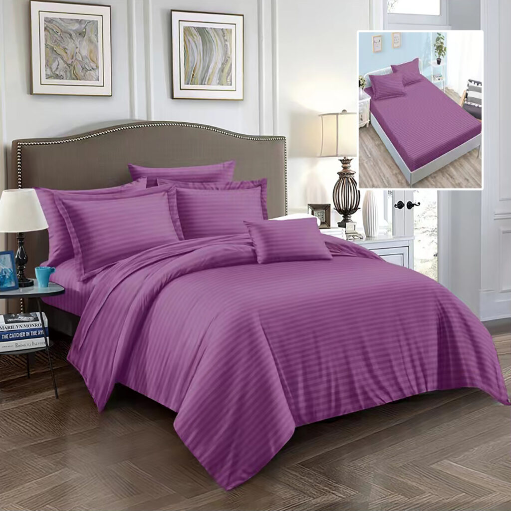 lenjerie pat damasc cu elastic policoton mov